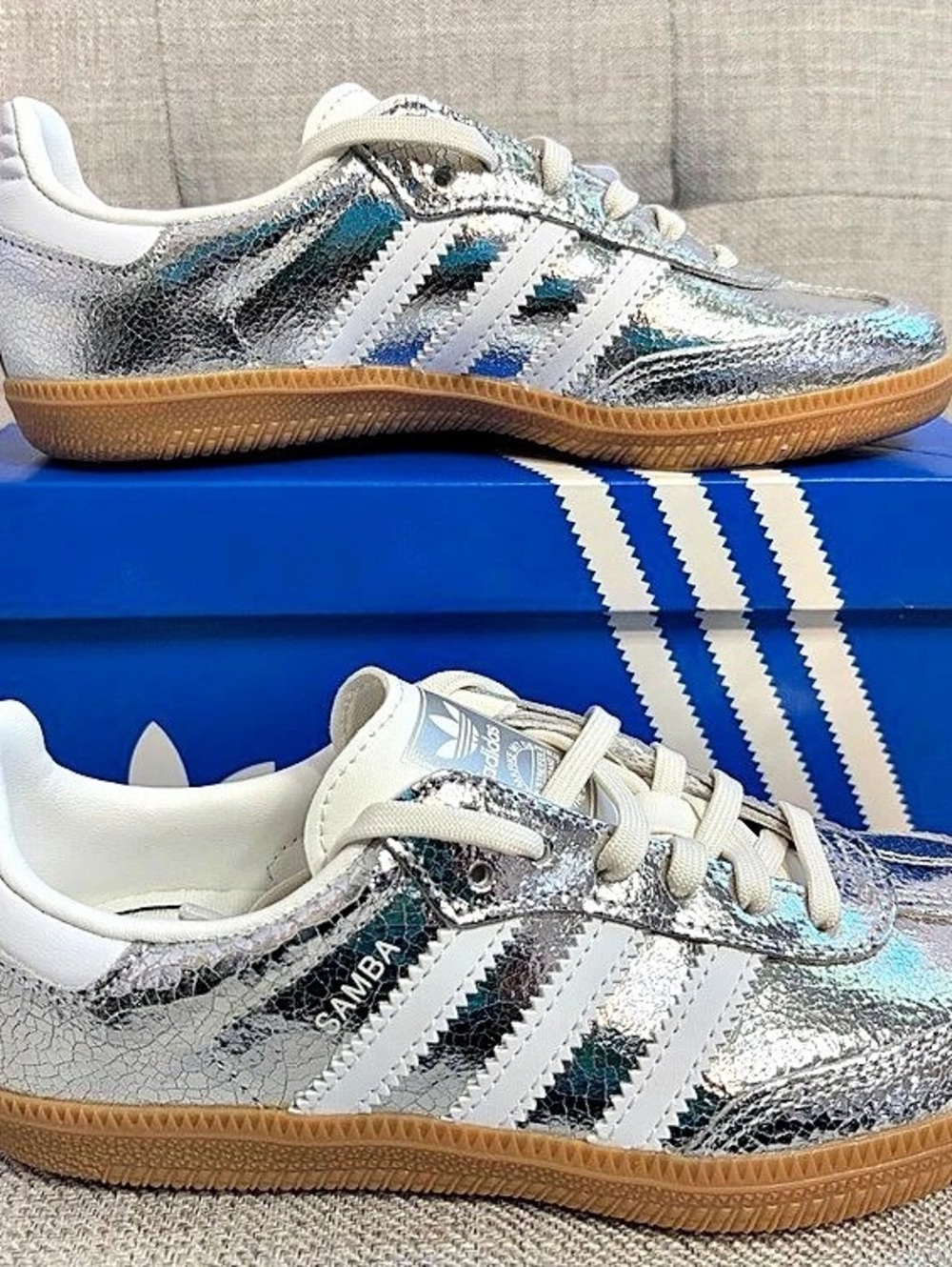 adidas Samba OG C Metallic Silver & White Sneakers Girls US 13K